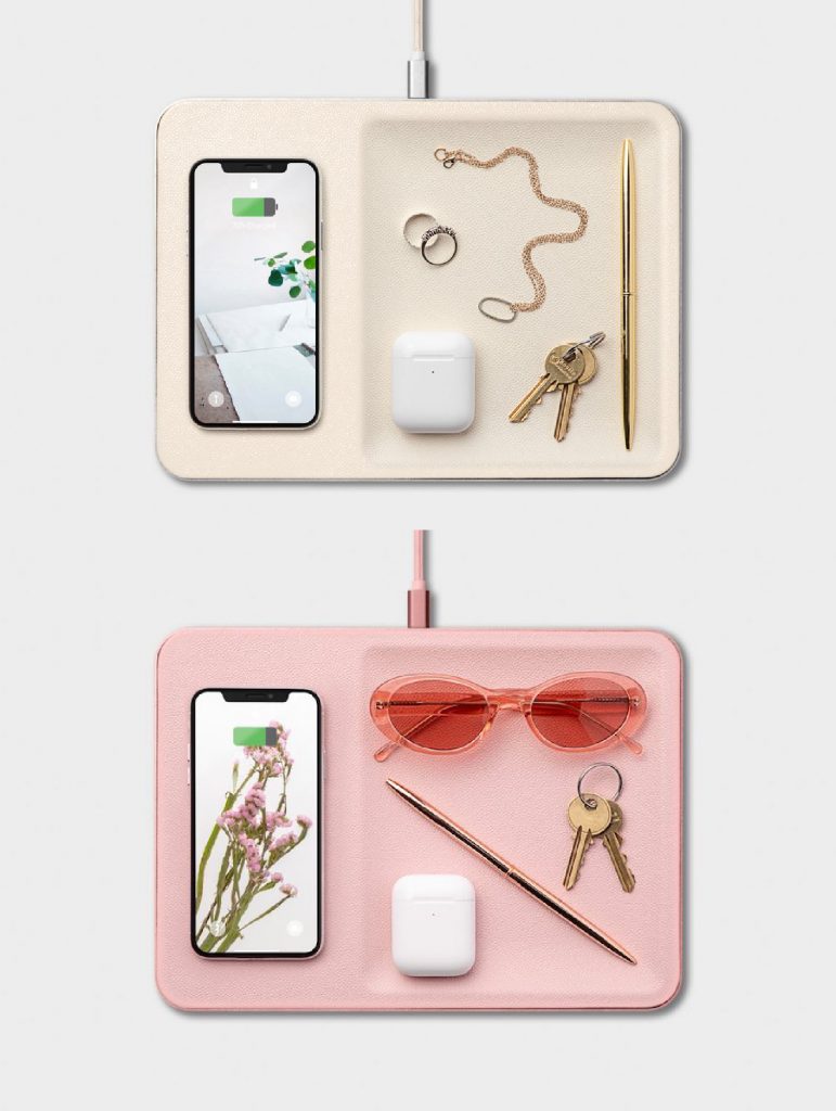 Home office gifts for mom: a chic wireless charging station and catch-all for her desk