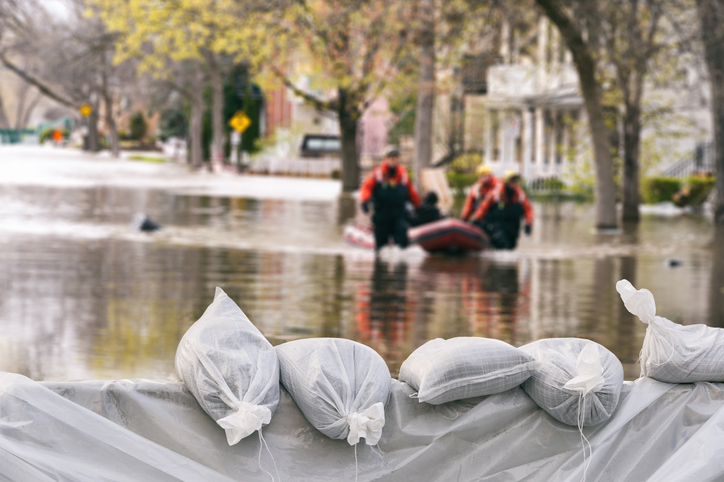 flooded street with sandbags