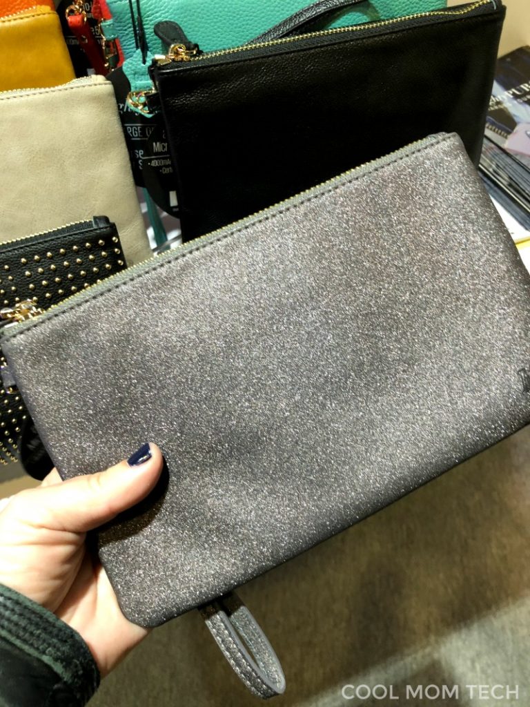 New Mighty Clutch charging purse in a gorgeous sueded silver | CES 2018 Cool Mom Tech